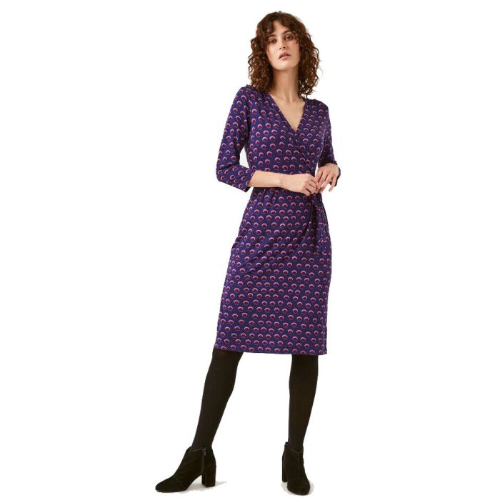 White Stuff 'Mandina' Dark Blue Purple Jersey Wrap-Over Bodice Tea Dress