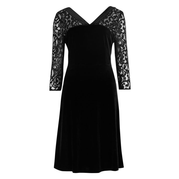 M S Black V Neck Velvet Crochet Lace Yoke Skater Dress