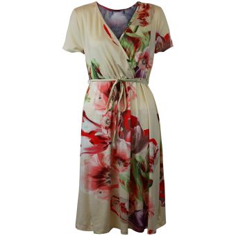 M&S Cream & Pink Floral Wrap Crossover Dress