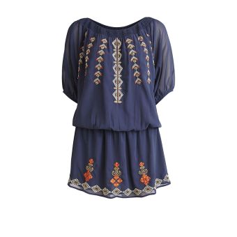 Vila Viabigail Navy Embroidered Bardot Dress. Size XS / UK 8