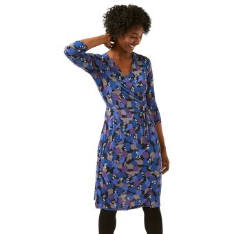 White Stuff 'Anet' Blue Purple Grey Jersey Wrap-Over Bodice Tea Dress