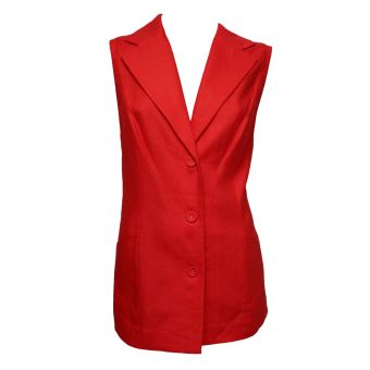 Elvi Smart Red Linen Sleeveless Long Length Waistcoat