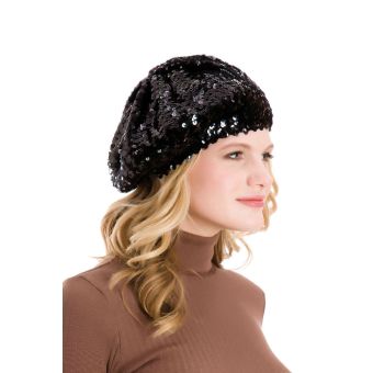 Black Sequin French Style Beret / Beanie Hat