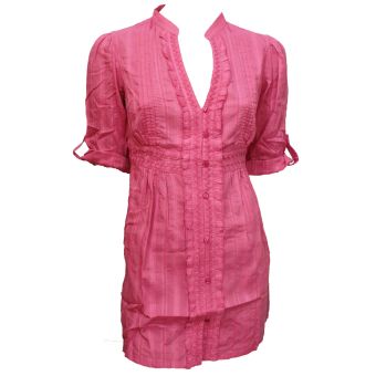 South V-Neck Roll-Up Sleeve Ruffle Front Tunic / Blouse