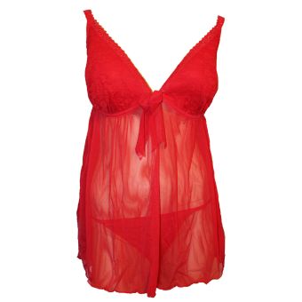 Sorbet Red Chiffon & Lace Babydoll Nightie & Thong Set